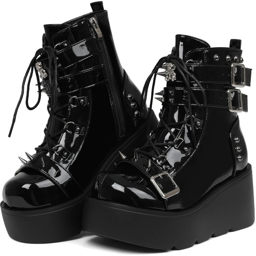 Women Polyurethane Black Round Toe Buckle Leather Platform Side Zip Ankle Boot